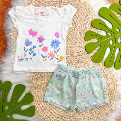 Conj. Blusa Jardim com Borboletas e Short Floral - Off White e Verde